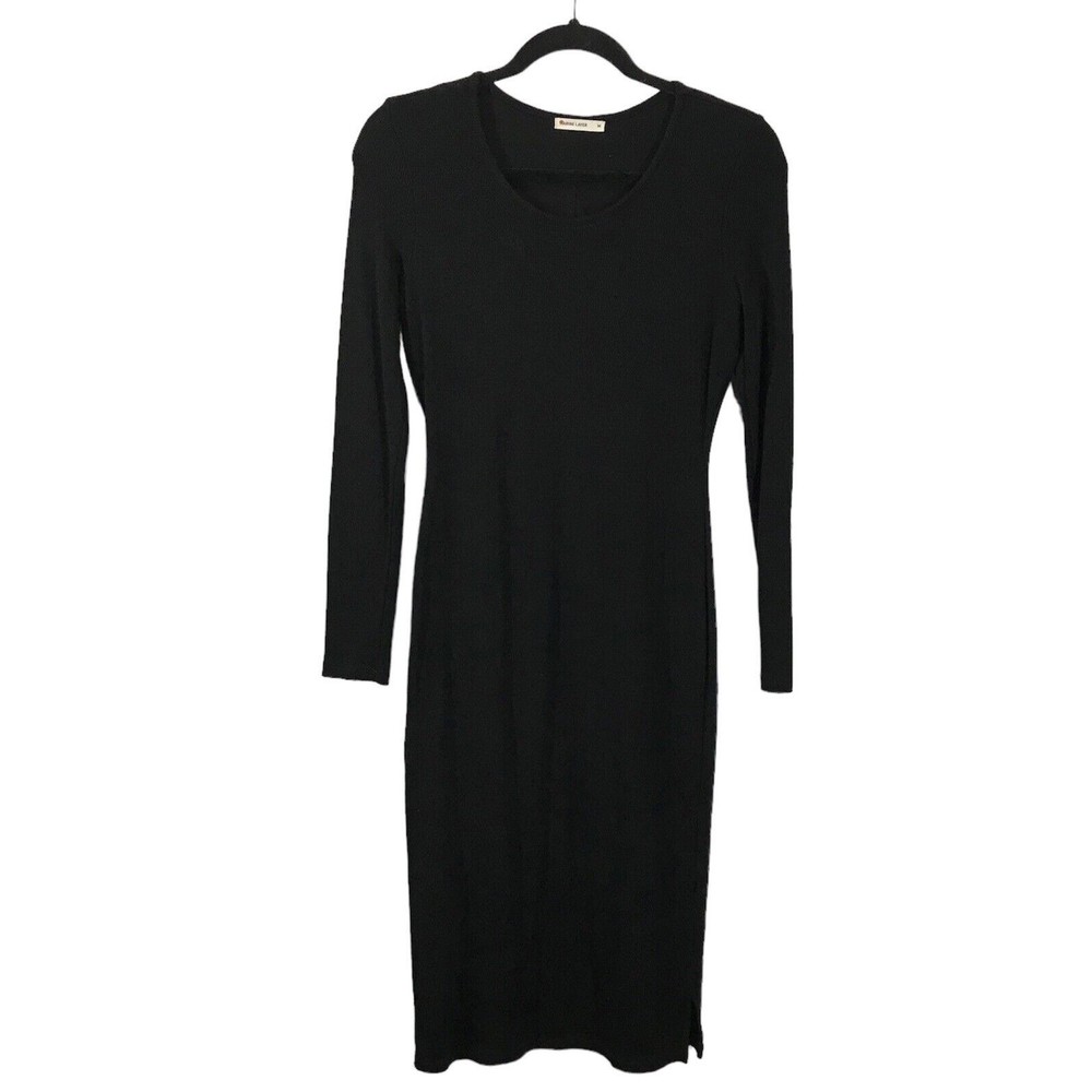 Marine Layer Womens Black Lexi Rib Long Sleeve Midi Dress Size Medium Scoop Neck